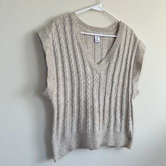 Cupcakes and Cashmere Cable Knit Sweater Best V-Neck Neutral Pullover LARGE - Picture 4 of 10
